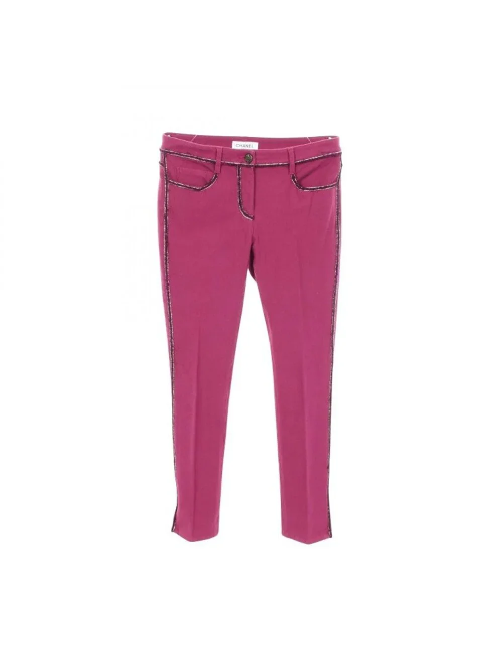 Chanel Pants CC Logo Button Tweed Trim Skinny Cotton